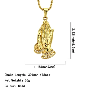 Hip hop style gold plated praying hand pendant necklace with rhinestones and rope chain