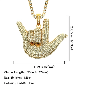 I Love You hand gesture hip hop pendant necklace with white crystals and tennis chain