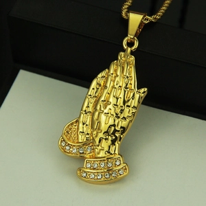 Hip hop gold praying hands pendant with cross texture and rhinestones on a rope chain