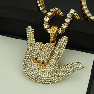 Hip-hop gold plated finger gesture pendant necklace fully set with clear crystals