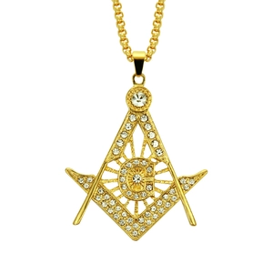 Collier Hip Hop Franc-maçonnerie en Alliage Pendentif Symbole Équerre et Compas Lettre G avec Strass Bijoux pour Hommes