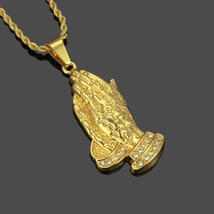 Hip hop gold plated praying hands pendant with pavé zircons and rope chain for men