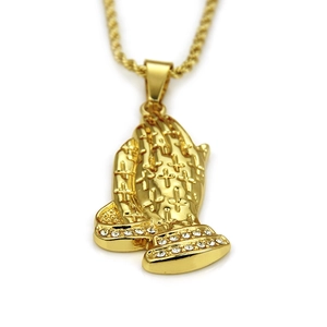 Hip hop gold prayer hand pendant necklace with cross patterns and sparkling rhinestones