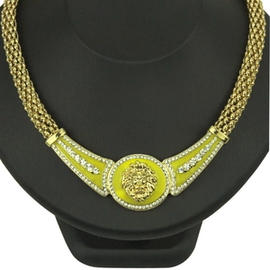 Golden lion head pendant necklace with rhinestone circle on woven chain for women