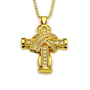 Collier pendentif croix hip hop doré pour homme avec diamants et chaîne torsadée