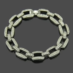 Bracelet hip-hop pour homme en argent avec cristaux et maillons rectangulaires
