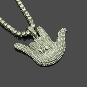 Iced out hip hop gesture pendant with single row tennis chain necklace in silver finish