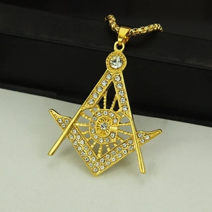 Collier hip hop doré avec pendentif maçonnique serti de diamants brillants pour homme