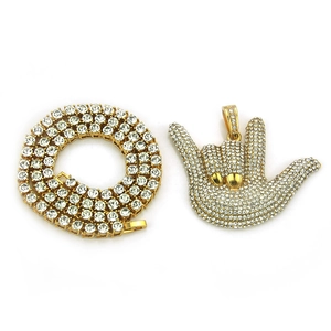 Detailed close-up of iced out ASL I Love You hand gesture pendant with gold tennis chain