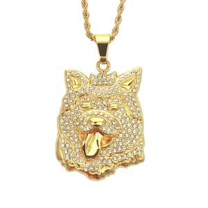 Collier Pendentif Tête de Chien Couronne Hip Hop Pour Hommes Chaîne Torsadée en Acier Inoxydable Strass Bijoux