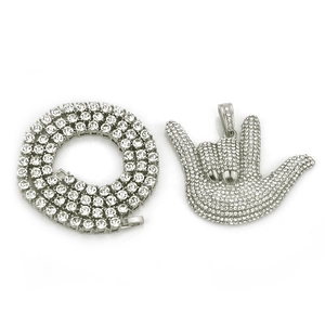 Iced out hip-hop silver hand gesture pendant necklace with tennis chain and clear stones