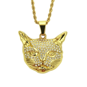 Collier Pendentif Tête de Chat en Strass Alliage Acier Inoxydable Chaîne Torsadée Bijoux Hip Hop Homme Femme Or Argent