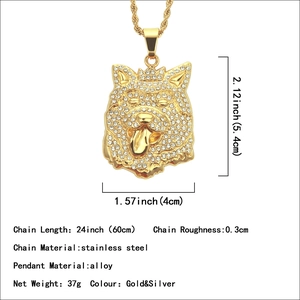 Pendentif tête de chien hip hop avec couronne et chaîne dorée 60cm pavé de strass