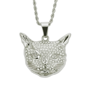 Pendentif tête de chat hip hop avec strass blancs et chaîne corde pour hommes