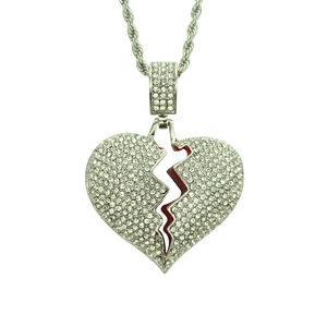 Collier hip hop pour homme avec pendentif coeur brisé serti de strass et chaîne argent