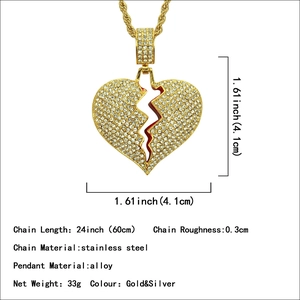 Collier hip hop pour homme avec pendentif cœur brisé doré et chaîne torsadée de 60cm