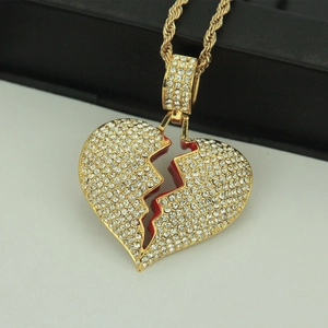 Collier hip hop avec pendentif cœur brisé doré serti de strass et chaîne de type corde tressée