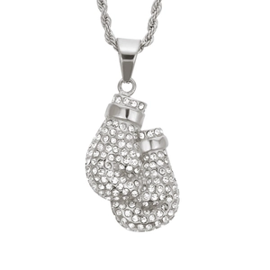 Iced out boxing glove pendant necklace with sparkling silver crystals on a rope chain