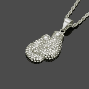 Hip hop silver boxing glove pendant necklace with sparkling diamonds and rope chain