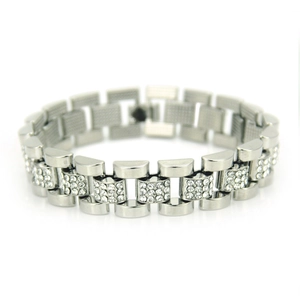 Mens hip hop style silver steel bracelet with sparkling pavé crystals and foldover clasp