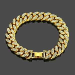 Men's Hip Hop Iced Out Cuban Link Bracelet Bold Gold Silver Plated Alloy Rhinestone Heavy Bracelet For Men Party Jewelry