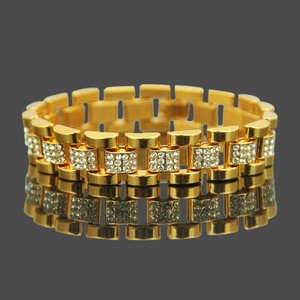 Men's gold plated hip hop bracelet with sparkling micro paved rhinestones on flat links