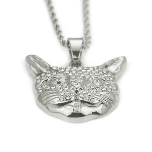 Vue rapprochée du pendentif hibou hip-hop argenté avec zircons et chaîne maille corde