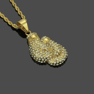 Iced-out boxing glove pendant necklace with sparkling rhinestones and gold rope chain