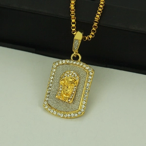 18K gold plated Jesus head pendant necklace with sparkling crystal inlay and box chain