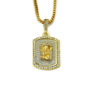 Hip hop gold Jesus pendant necklace with iced-out rhinestones and glitter finish