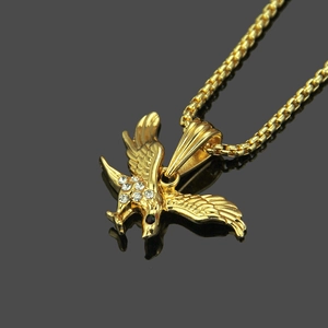Hip hop 18K gold plated eagle pendant necklace with sparkling white zircons on box chain