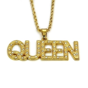Collier hip hop avec pendentif Queen doré serti de strass et chaîne de type corde