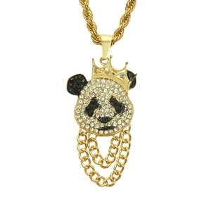 Hip Hop Panda Crown Pendant Necklace Rhinestone Inlaid Zinc Alloy Jewelry For Men Streetwear Rope Chain Gold Silver Necklace