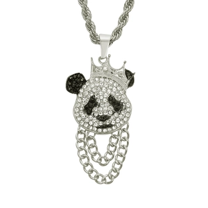 Hip hop panda pendant necklace with crown and sparkling rhinestones on twisted chain