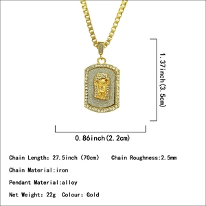 Gold hip hop box chain necklace with iced-out Jesus portrait pendant and measurements
