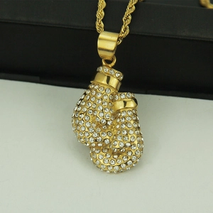 Hip hop gold boxing glove pendant necklace with iced out cubic zirconia and twist chain