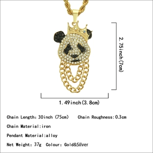 Hip hop style necklace featuring a crown panda pendant with black and white crystals