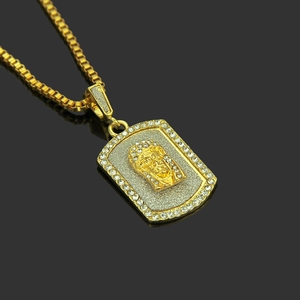 Hip hop gold plated portrait pendant necklace with sparkling glitter and rhinestones