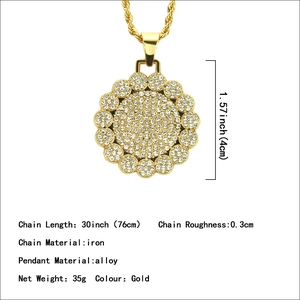 Collana hip hop girasole dorata con cristalli e catena a corda da 76 cm di lusso