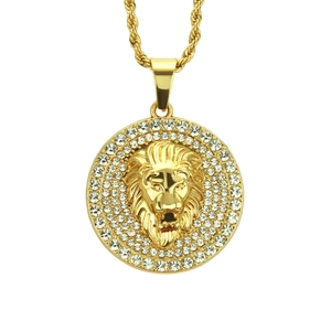 Detailed close-up of 3D lion head pendant with sparkling rhinestones and rope chain