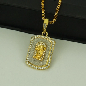 Hiphop gold plated rectangular necklace with Jesus portrait pendant and sparkling crystals