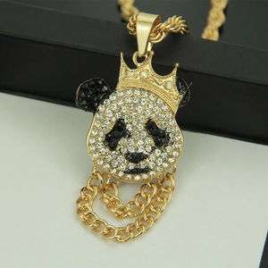 Hip hop golden panda pendant necklace with iced-out rhinestones and crown detail