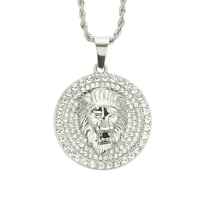 Detailed macro view of 3D lion head medallion pendant with crystal paved edge on rope chain