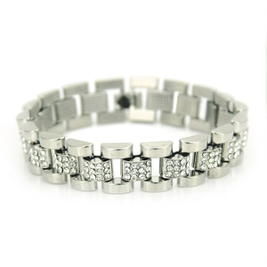 Hip hop silver watch-style bracelet for men featuring three rows of sparkling rhinestones