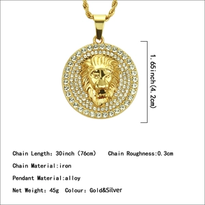 Gold lion head pendant necklace with rhinestones and 30 inch chain for men hiphop style