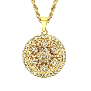 Hip Hop Iced Out Sonnenblume Anhänger Halskette Gold Plattiert Legierung Strass Runde Blume Anhänger Mit Kordelkette Herren
