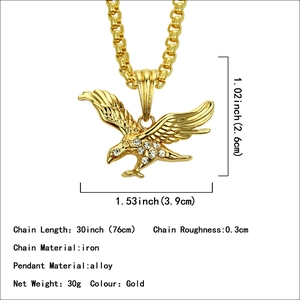 Gold eagle pendant necklace with sparkling rhinestones and long 30 inch chain for men