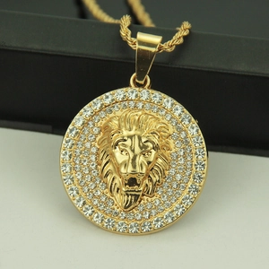 Gold plated lion head pendant necklace with rhinestones on a twist rope chain