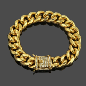 Men Hip Hop Alloy Cuban Link Bracelet Pave Rhinestone Clasp Gold Silver Plated Thick Chain Bangle For Nightclub Party Jewelry