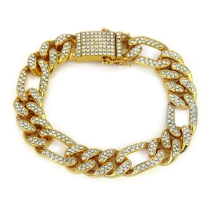 Macro detail of 12mm hip-hop Cuban link bracelet with iced-out rhinestones and clasp